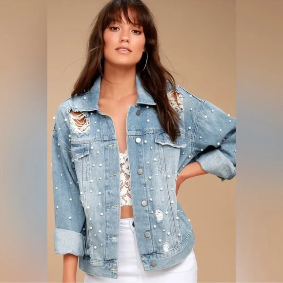 Free people - oversized Sunday funday pearl denim jacket - Picture 1 of 8